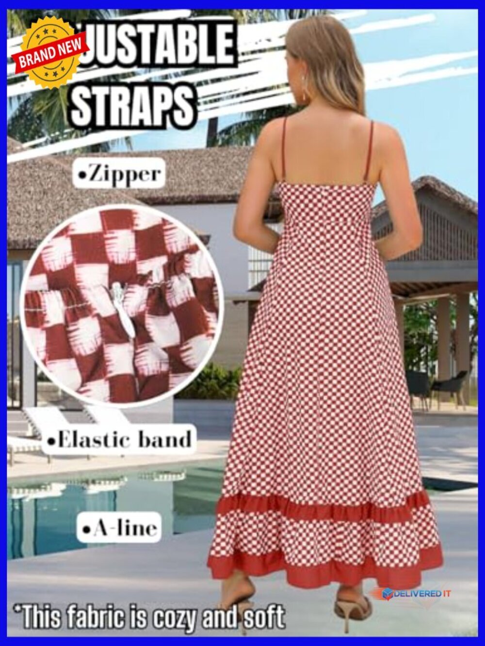 Checkered Maxi Dress Backless Ruffle A-Line Summer Beach Vacation - Picture 4 of 7